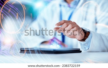 Science, hand and tablet with hologram in laboratory with typing, data and 3d human body for pharma development. Medical person, digital touchscreen and studying with holographic overlay for anatomy