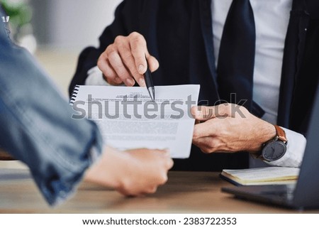 Hands, client and lawyer with paperwork, contract and document for legal advice, application and letter. Closeup of financial advisor, broker and consulting report, documents and reading deal to sign