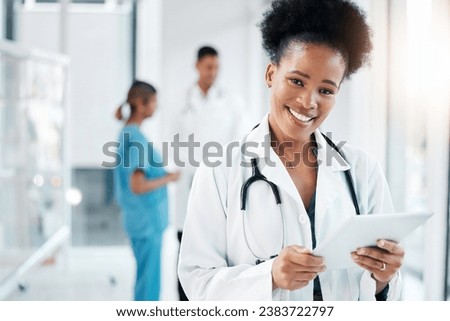 Research, portrait and black woman with tablet for healthcare, medicine and consultation email. Schedule, communication and African doctor with technology for service, telehealth and nursing