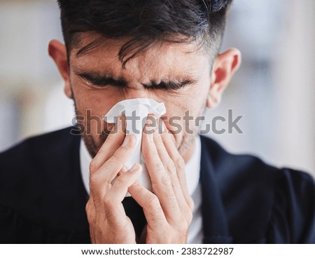 Sick business man, tissue and blowing nose for allergies, cold and virus in office. Face of male employee sneeze with influenza, allergy bacteria and risk of health problem, sinusitis and infection Royalty-Free Stock Photo #2383722987