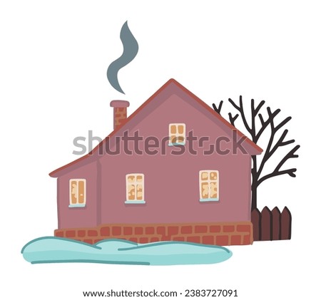 Cozy winter time house. Doodle of snow-covered country scene. Cartoon vector illustration. Contemporary clip art isolated on white.