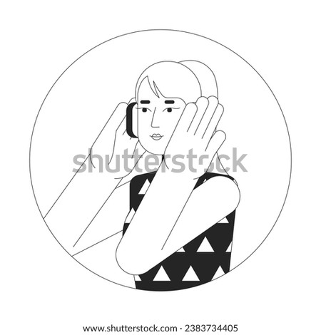 Headphones woman blonde black and white 2D vector avatar illustration. Girl european listening music outline cartoon character face isolated. Radio listener. Happy melomaniac flat user profile image