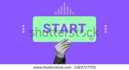 Encouragement to take action, career growth, and new beginnings. Business concept. Hand holds a sign that says START on a purple background. Minimalistic art collage