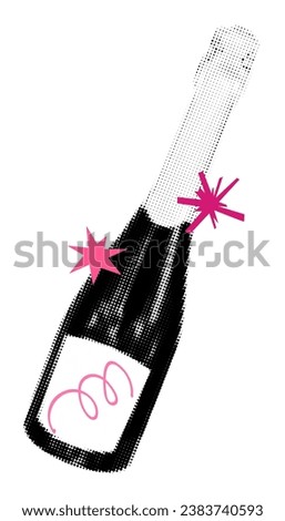 Champagne bottle halftone collage element with doodle stars and squiggle. Modern retro, grunge punk clip art for trendy design. Vector illustration isolated on transparent background