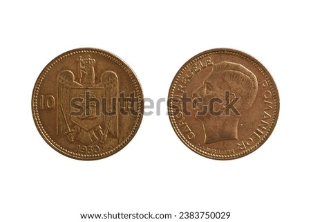 10 Lei 1930 Carol II. Coin of Romania. Obverse Head left. Reverse Crowned eagle with crowned shield on chest divides value