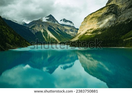 Aerial view of Kinney Lake with Mount Robson reflected. Provincial Park in Canada Rockies 