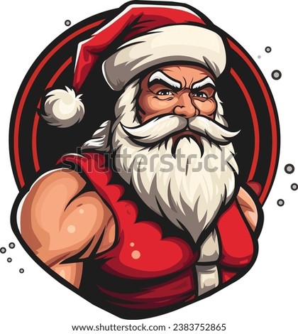 Strong Santa Claus. Vector clip art illustration. Logo.  Bodybuilder's head and body.