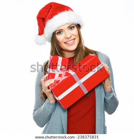 Christmas portrait of smiling  Santa woman holding gift box isolated on white background.