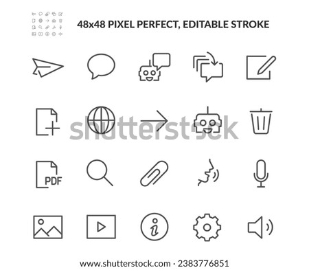 Simple Set of AI Chat Bot Related Vector Line Icons. Contains Icons like Message, Bot, Send, Upload File and more. Editable Stroke. 48x48 Pixel Perfect. Davooda Style. Drawn by real human. Royalty-Free Stock Photo #2383776851