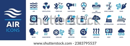 Air icon set. Containing ventilation, air conditioner, fan, wind, blow, oxygen, breathe, CO2, pollution and more. Vector solid icons collection. Royalty-Free Stock Photo #2383795537