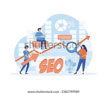 SEO, Search Engine Optimization for website to show in search result page concept, professional people holding magnifying glass. flat vector modern illustration Royalty-Free Stock Photo #2383799989