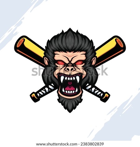 Illustration of a Screaming Gorilla Head with an Angry Face with Two Crossed Golden Baseball Bats