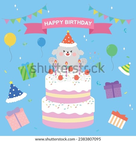 Happy Birthday Illustration with Cute Dog and Party Accessories