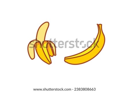 Set of cartoon banana drawings: single and peeled banana.Vector clip art