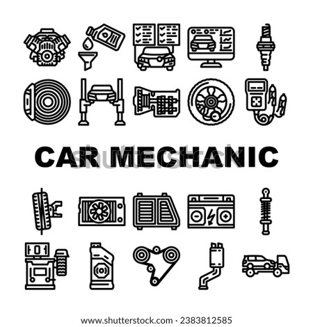 car mechanic auto icons set vector. garage repair, service maintenance, technician worker, man shop, engine, vehicle car mechanic auto black contour illustrations