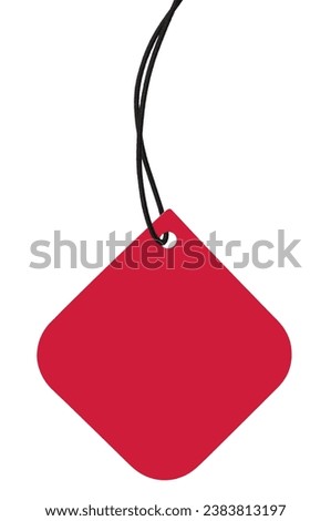 Blank Red Cardboard Sale Tag And Black String, Empty Square Price Label Background, Vertical Isolated Detailed Hanging Badge Copy Space Macro Closeup, Large Rounded Corners