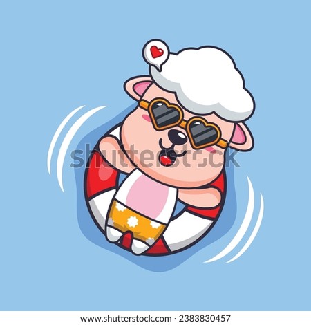 Cute sheep in sunglasses float with buoy. Cute summer cartoon illustration. 