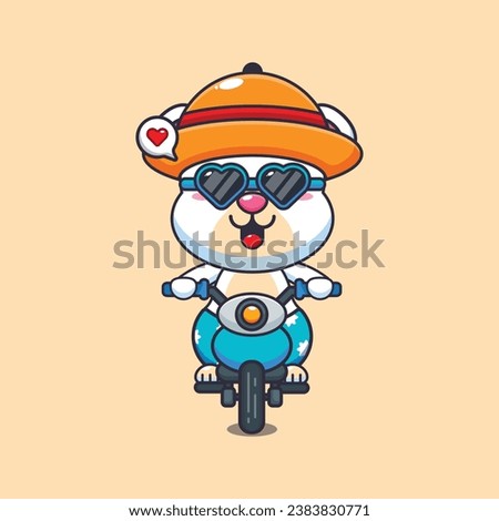 Cool polar bear with sunglasses riding a motorcycle in summer day. Cute summer cartoon illustration. 