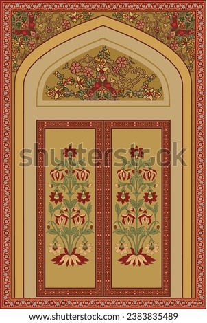 Mughal Flower with Arch Design, Mughal Background, Mughal Wedding design. Royalty-Free Stock Photo #2383835489