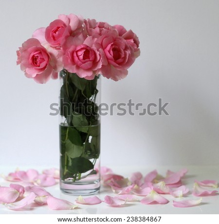 Still life with bouquet of pink roses in a glass vase and petals. Romantic floral decoration.