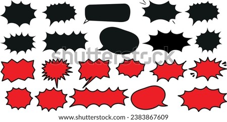 Comic book speech bubbles vector illustration, black and red on white, various shapes and sizes, dialogue, conversation, communication, message, text, graphic design, pop art, retro, vintage style.