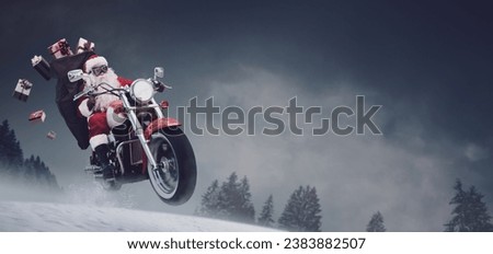 Unconventional Santa Claus riding a fast motorcycle on the snow and delivering Christmas gifts