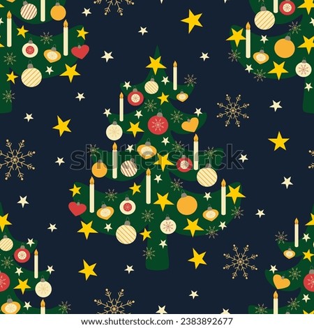Vector seamless pattern with Christmas tree and snowflakes on blue background