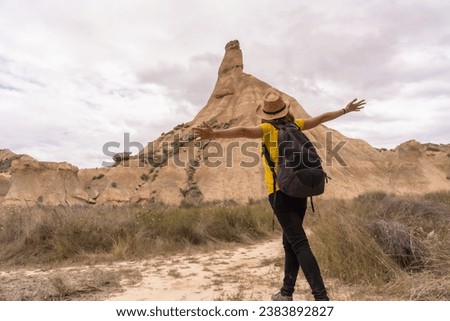 Free woman raising arms standing in an arid national park area