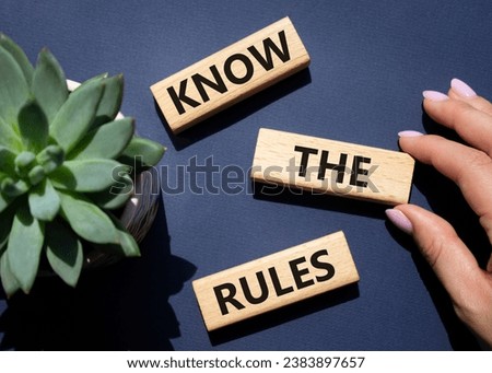 Know the rules symbol. Wooden blocks with words Know the rules. Beautiful deep blue background with succulent plant. Businessman hand. Business and Know the rules concept. Copy space.
