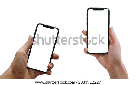 Hand holding black iPhone isolated on white background. Mobile phone for app, web design, logo, wireframes... Smarphone on PNG file transparent