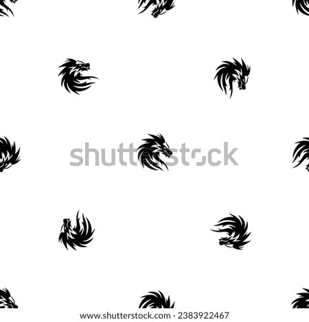 Seamless pattern of repeated black dragon's head symbols. Elements are evenly spaced and some are rotated. Vector illustration on white background