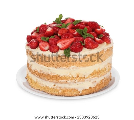 Tasty cake with fresh strawberries and mint isolated on white Royalty-Free Stock Photo #2383923623