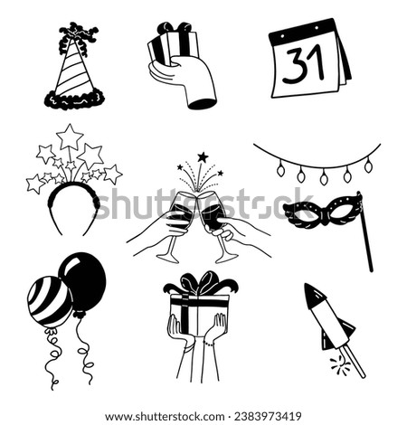 New Year party collections icon. Hand drawn New Year icon set. New Year party celebration. New year stickers. Vector illustration.