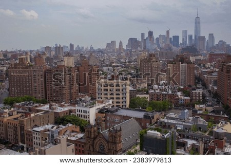 A high-quality stock photo of the iconic Manhattan skyline, one of the most recognizable skylines in the world.