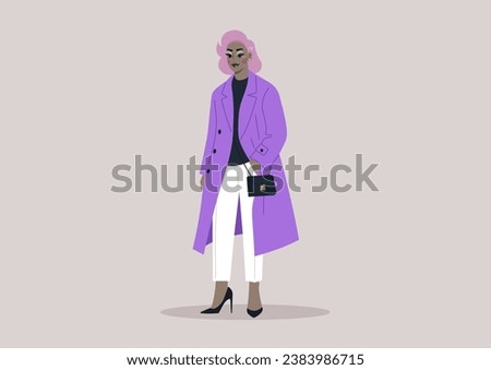 A glamorous drag queen donning an elegant purple trench coat, accompanied by a small black handbag