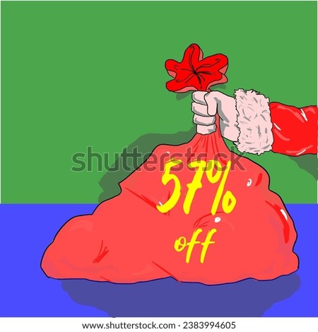 57% santa claus holding a christmas bag on sale discount percentage holiday december red yellow golden green blue