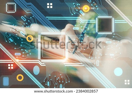 Double exposure of hands making notes background with technology and digital coding huds. Data learning concept.