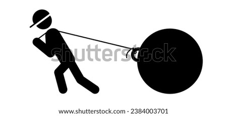 Man pulling weight. Stick figure man pulls a huge weight. Businessman twitch the big ball with rope. Person lifting or pull heavy burden. Huge large block. Heavy load, ragging a giant heavy weight.