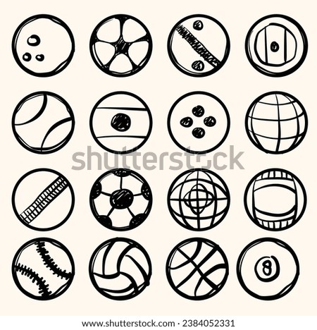 Sport ball flat line doodle set such as soccer, tennis, basket, bowling, and etc.