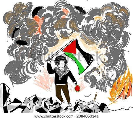 Illustration design of a fighter carrying a Palestinian flag, behind a puff of smoke while carrying a watermelon