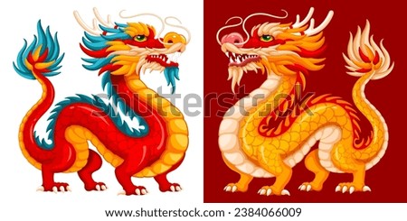 Chinese dragon funny vivid character, red and yellow colour, drawing in cartoon style. Symbol of 2024 Chinese New Year, year of the dragon by lunar calendar. Vector illustration
