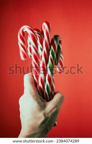 Christmas lollipops are in a human's hand on a red background