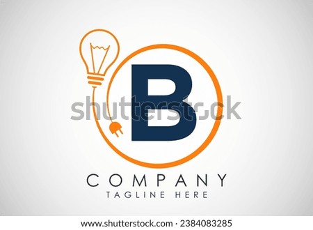 English alphabet B in a circle with electric bulb and plug. Electricity, industrial and technology logo