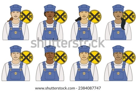 diversity, race, ethnicity of train rail engineer vector icons male and female, wearing striped overalls and cap, with railroad crossing icon, isolated on a white background Royalty-Free Stock Photo #2384087747