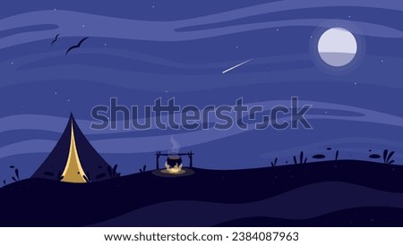 flat vector illustration of night rest, camping, night sky, moon, moonlight on water, mountain lake, starry sky, camping tent, campfire