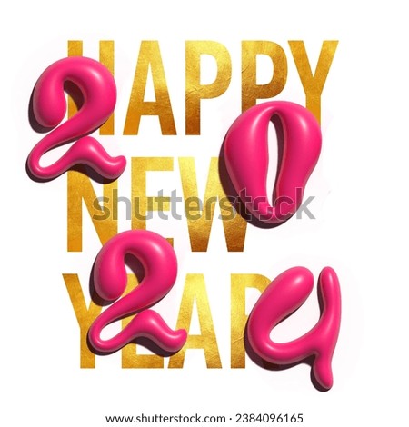 Greeting card for Happy New Year 2024. Gold letters. Pink 3D numbers 2, 0, 4. Volumetric plastic glossy figures on white background. Template for congratulations. Winter holiday, Merry Christmas