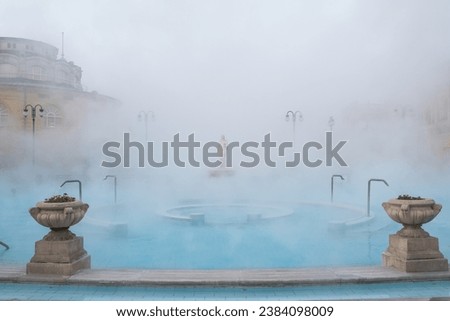 Szechenyi Baths in Budapest in winter, Hungary. Historic Hungarian thermal baths in Europe. Famous thermal baths in cold winter morning in Budapest. Royalty-Free Stock Photo #2384098009