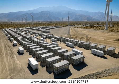 Battery storage array at power plant in the desert near Palm Springs Royalty-Free Stock Photo #2384104789