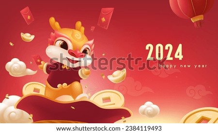 Spring Festival background design a cute dragon standing on a lucky bag holding a red envelope