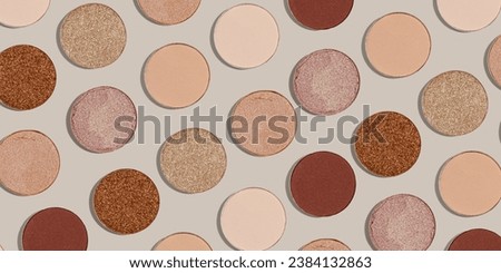 Pattern with refill eye shadow beige brown natural color on neutral colored background, banner. Makeup palette eyeshadows powder, shine and matte, minimal aesthetic photo pastel colored, top view